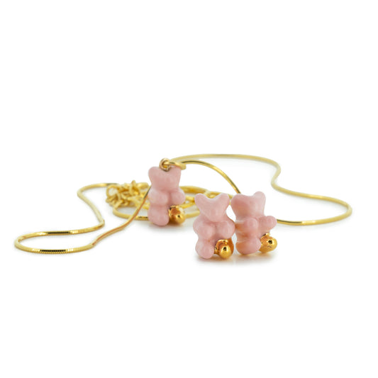 Gummy bear jewellery set of pendant necklace and dainty gummy bear stud earrings. Pink gummy bear jewellery.