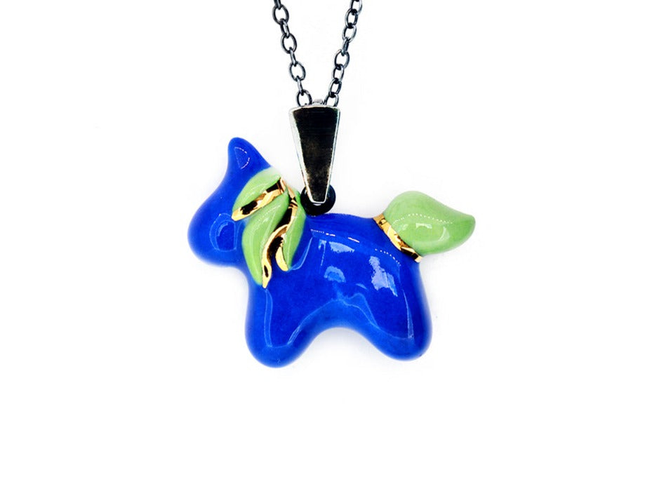 Blue & Green Unicorn Necklace With Gold Accents
