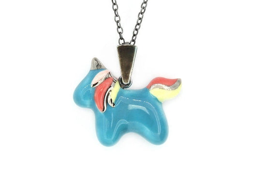 Teal Blue Unicorn Necklace With Platinum Accents
