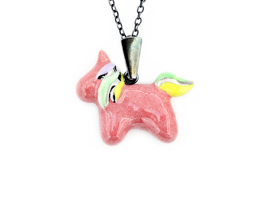 Pink Unicorn Horse Necklace With Platinum Accents