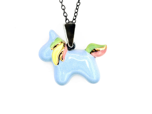 Sky Blue Unicorn Necklace With Gold Accents