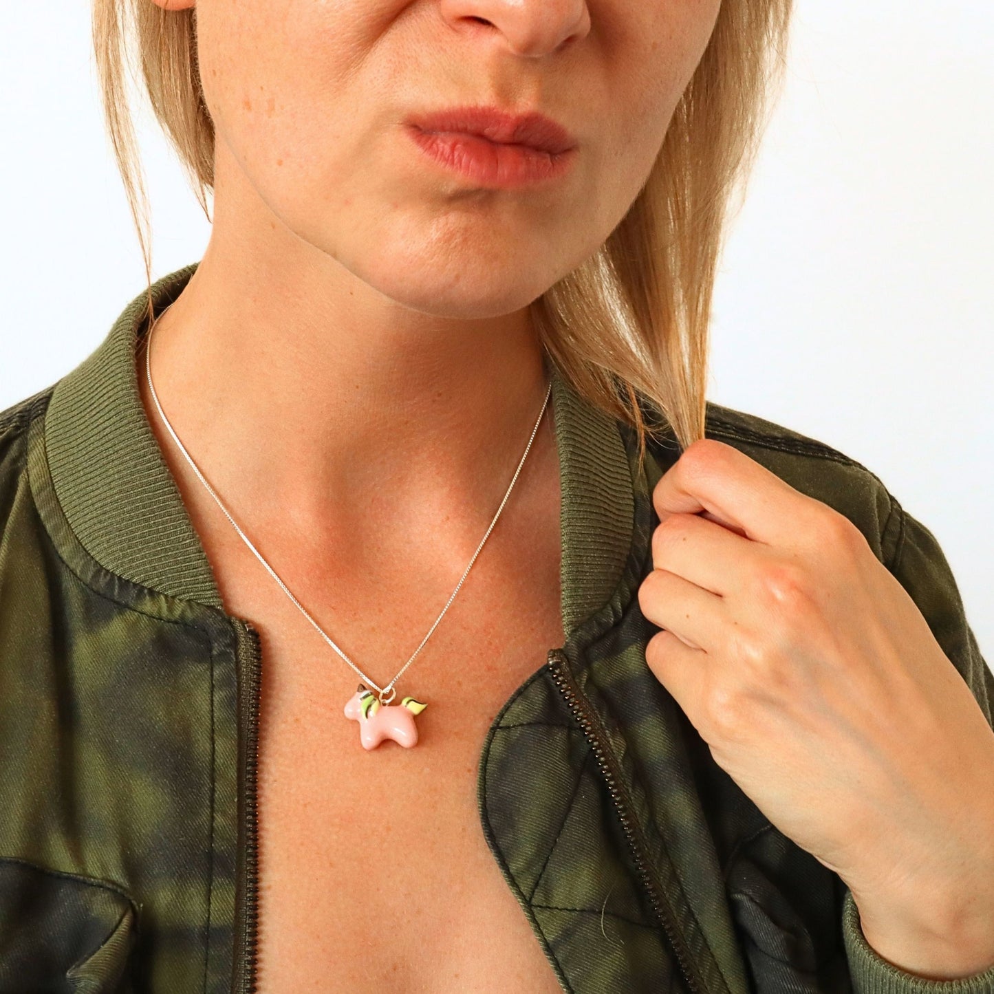 Bea wearing Pink Unicorn Necklace