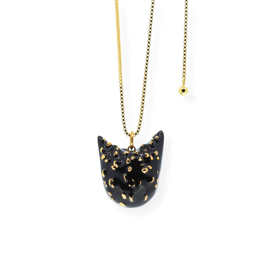 Black Cat Pendant Necklace With Gold Front