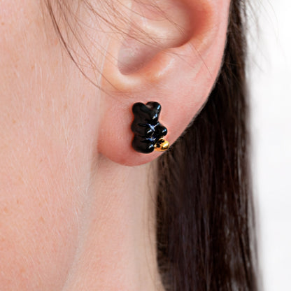 Model Wearring Mini Black Gummy Bear Stud Earrings