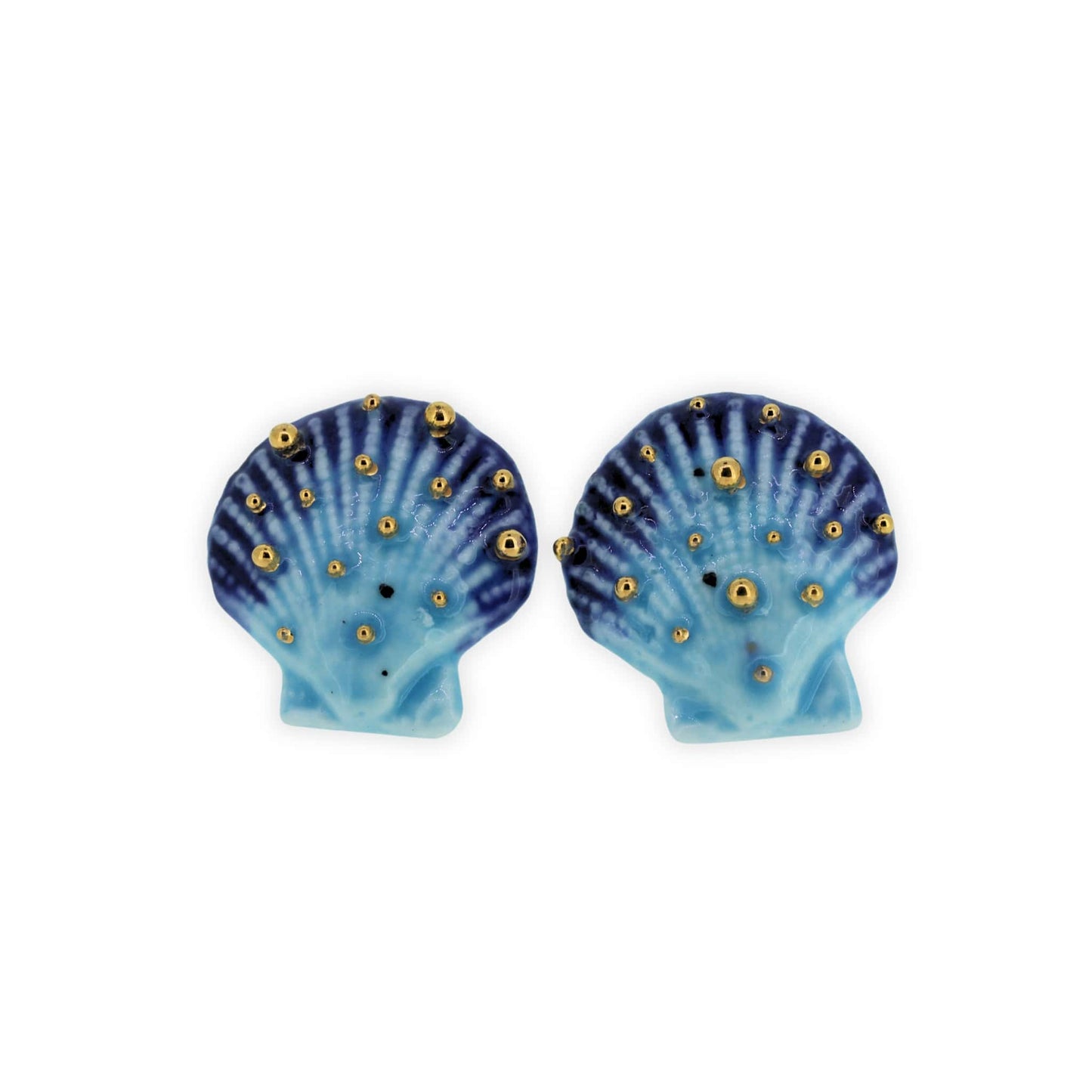 Blue Seashell Stud Earrings with Gold Bubbles