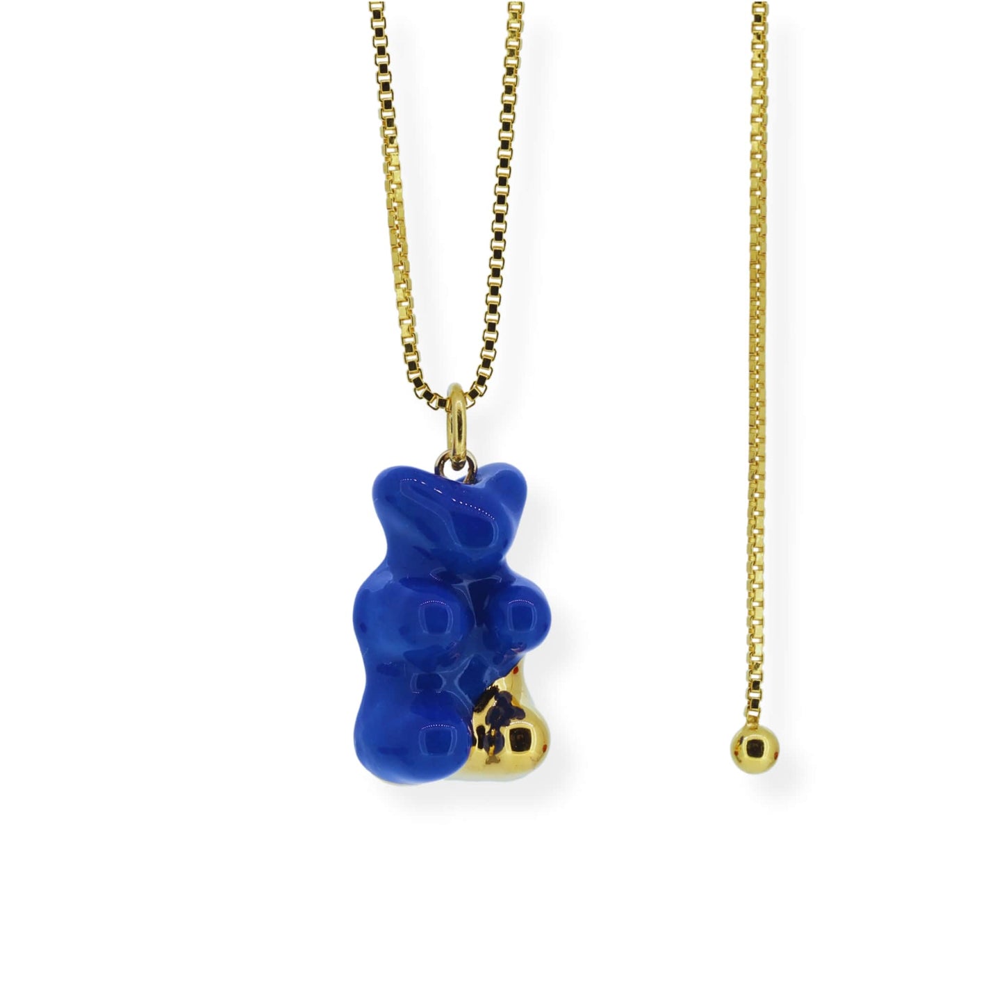 Blue Gummy Bear Necklace With Adjustable Chain Side View